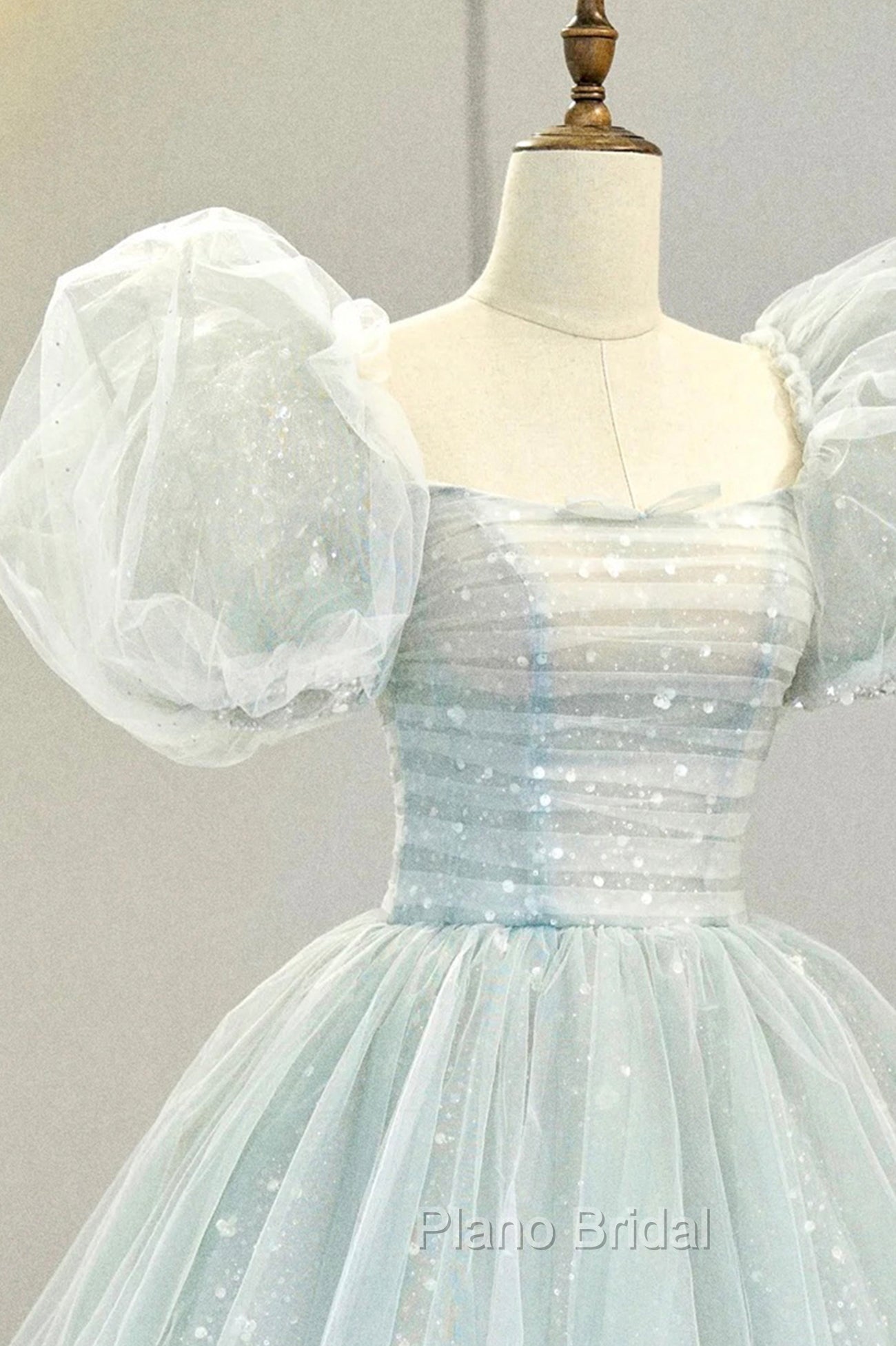 Blue Tulle Long A-Line Formal Prom Dresses with Sequins, Lovely Puff Sleeve Evening Gown