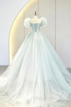 Blue Tulle Long A-Line Formal Prom Dresses with Sequins, Lovely Puff Sleeve Evening Gown