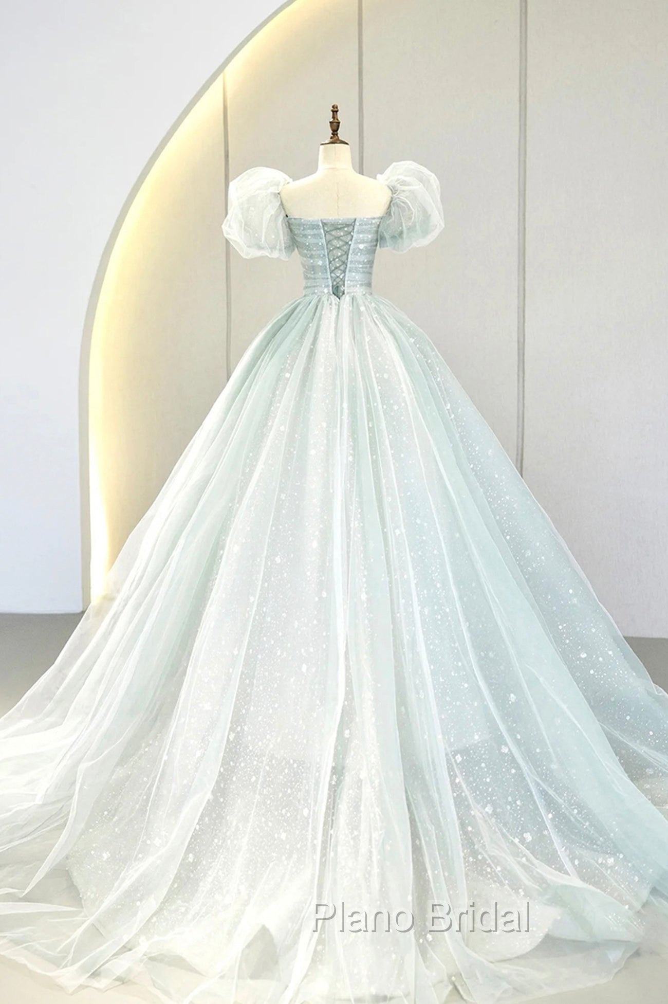 Blue Tulle Long A-Line Formal Prom Dresses with Sequins, Lovely Puff Sleeve Evening Gown