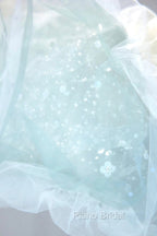 Blue Tulle Long A-Line Formal Prom Dresses with Sequins, Lovely Puff Sleeve Evening Gown