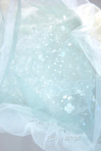 Blue Tulle Long A-Line Formal Prom Dresses with Sequins, Lovely Puff Sleeve Evening Gown