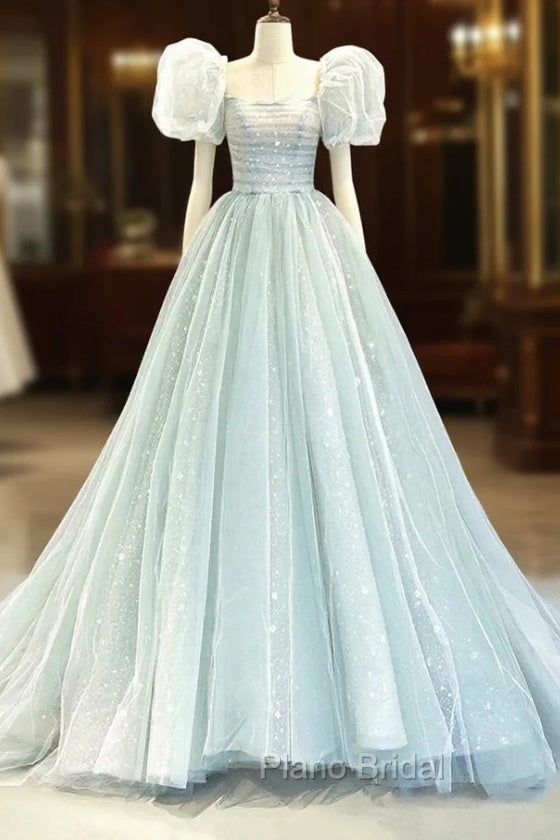 Blue Tulle Long A-Line Formal Prom Dresses with Sequins, Lovely Puff Sleeve Evening Gown Main image