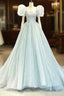 Blue Tulle Long A-Line Formal Prom Dresses with Sequins, Lovely Puff Sleeve Evening Gown