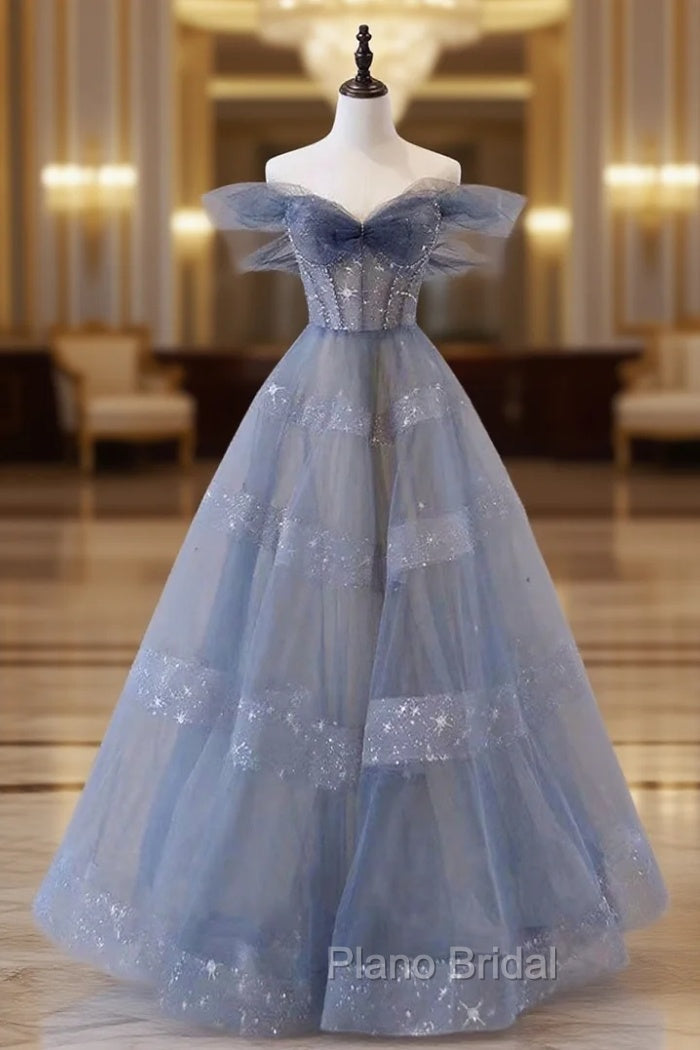 Blue Tulle Long A-Line Formal Prom Dresses