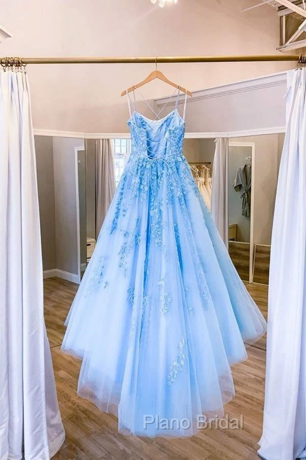 Blue Tulle Long Backless A Line Formal Prom Dresses Evening Dresses