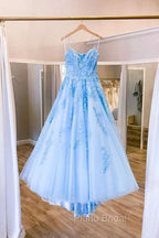 Blue Tulle Long Backless A Line Formal Prom Dresses Evening Dresses