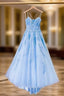 Blue Tulle Long Backless A Line Formal Prom Dresses Evening Dresses