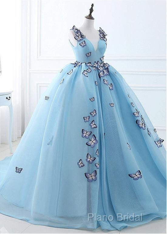 Blue Tulle Long Party Dresses With Butterfly, Gorgeous Sweet 16 Dresses
