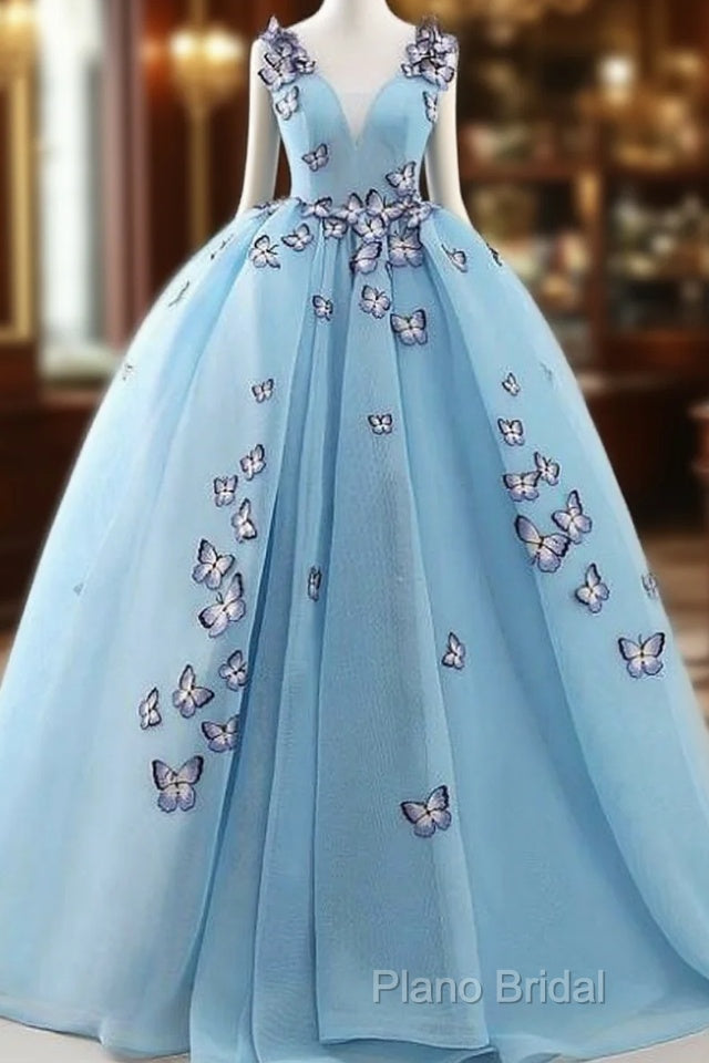 Blue Tulle Long Party Dresses With Butterfly, Gorgeous Sweet 16 Dresses Main image