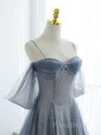 Blue Tulle Long Formal Prom Dresses, A-Line Off The Shoulder Blue Formal Party Dresses