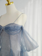 Blue Tulle Long Formal Prom Dresses, A-Line Off The Shoulder Blue Formal Party Dresses