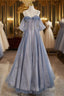 Blue Tulle Long Formal Prom Dresses, A-Line Off The Shoulder Blue Formal Party Dresses