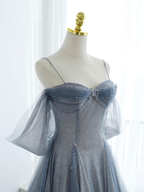 Blue Tulle Long Formal Prom Dresses A-Line Off The Shoulder Formal Evening Party Dresses