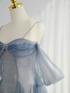 Blue Tulle Long Formal Prom Dresses A-Line Off The Shoulder Formal Evening Party Dresses