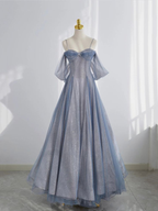 Blue Tulle Long Formal Prom Dresses A-Line Off The Shoulder Formal Evening Party Dresses