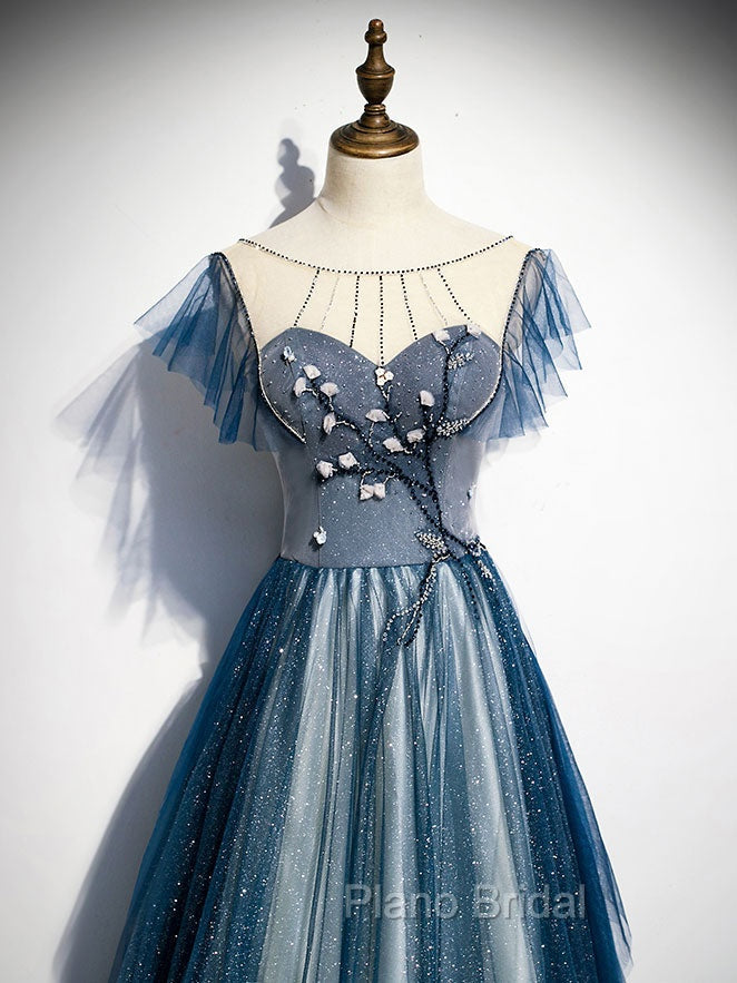 Blue Tulle Long Formal Prom Dresses, Blue Beads Long Evening Dresses Secondary image