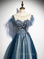 Blue Tulle Long Formal Prom Dresses, Blue Beads Long Evening Dresses