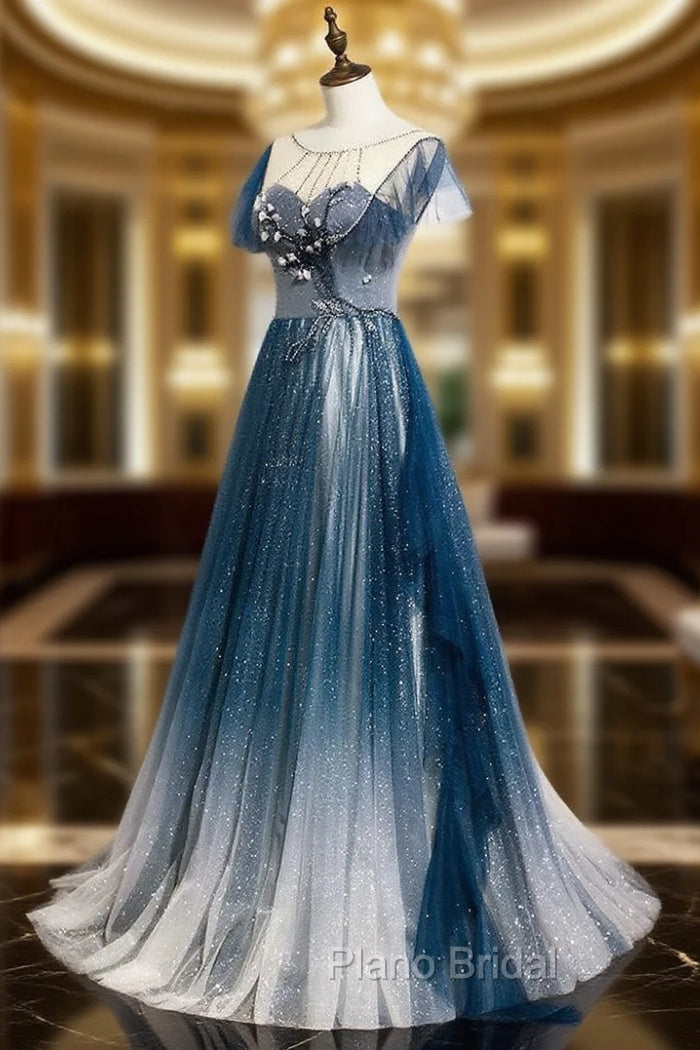 Blue Tulle Long Formal Prom Dresses, Blue Beads Long Evening Dresses Main image