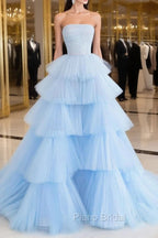 Blue Tulle Long Formal Prom Dresses, Blue Tulle Ball Gown Evening Dresses