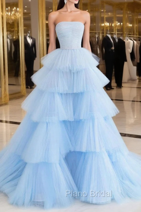 Blue Tulle Long Formal Prom Dresses, Blue Tulle Ball Gown Evening Dresses