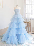 Blue Tulle Long Formal Prom Dresses Blue Tulle Long Prom Dresses
