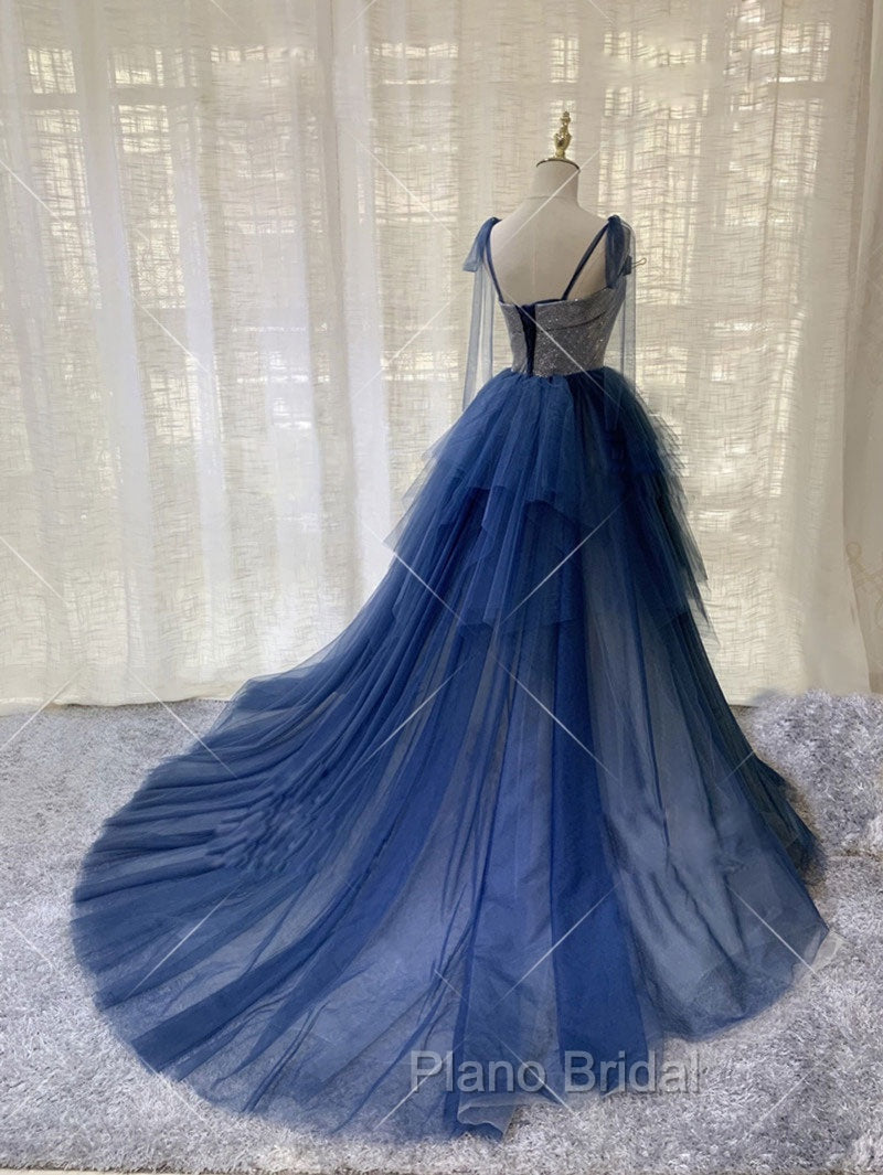 Blue Tulle Long Formal Prom Dresses, Blue Tulle Long Evening Dresses