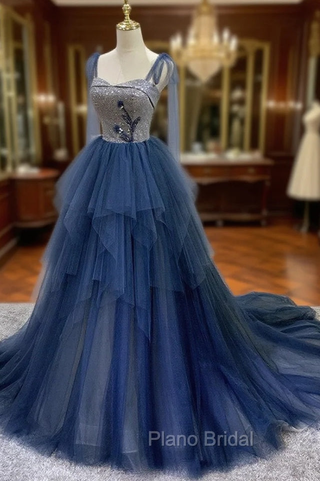 Blue Tulle Long Formal Prom Dresses, Blue Tulle Long Evening Dresses Main image