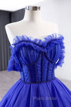 Blue Tulle Long Formal Prom Dresses, Off the Shoulder Formal Evening Party Dresses