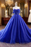 Blue Tulle Long Formal Prom Dresses, Off the Shoulder Formal Evening Party Dresses