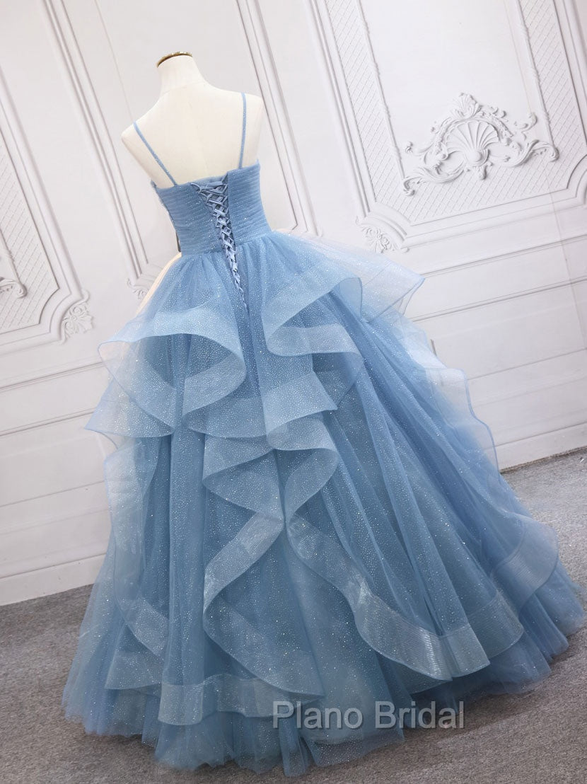 Blue Tulle Long Formal Prom Dresses, Blue Tulle Formal Dresses Sweet 16 Dresses