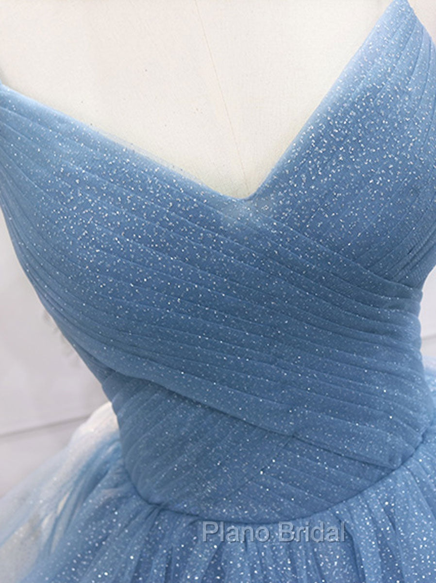 Blue Tulle Long Formal Prom Dresses, Blue Tulle Formal Dresses Sweet 16 Dresses