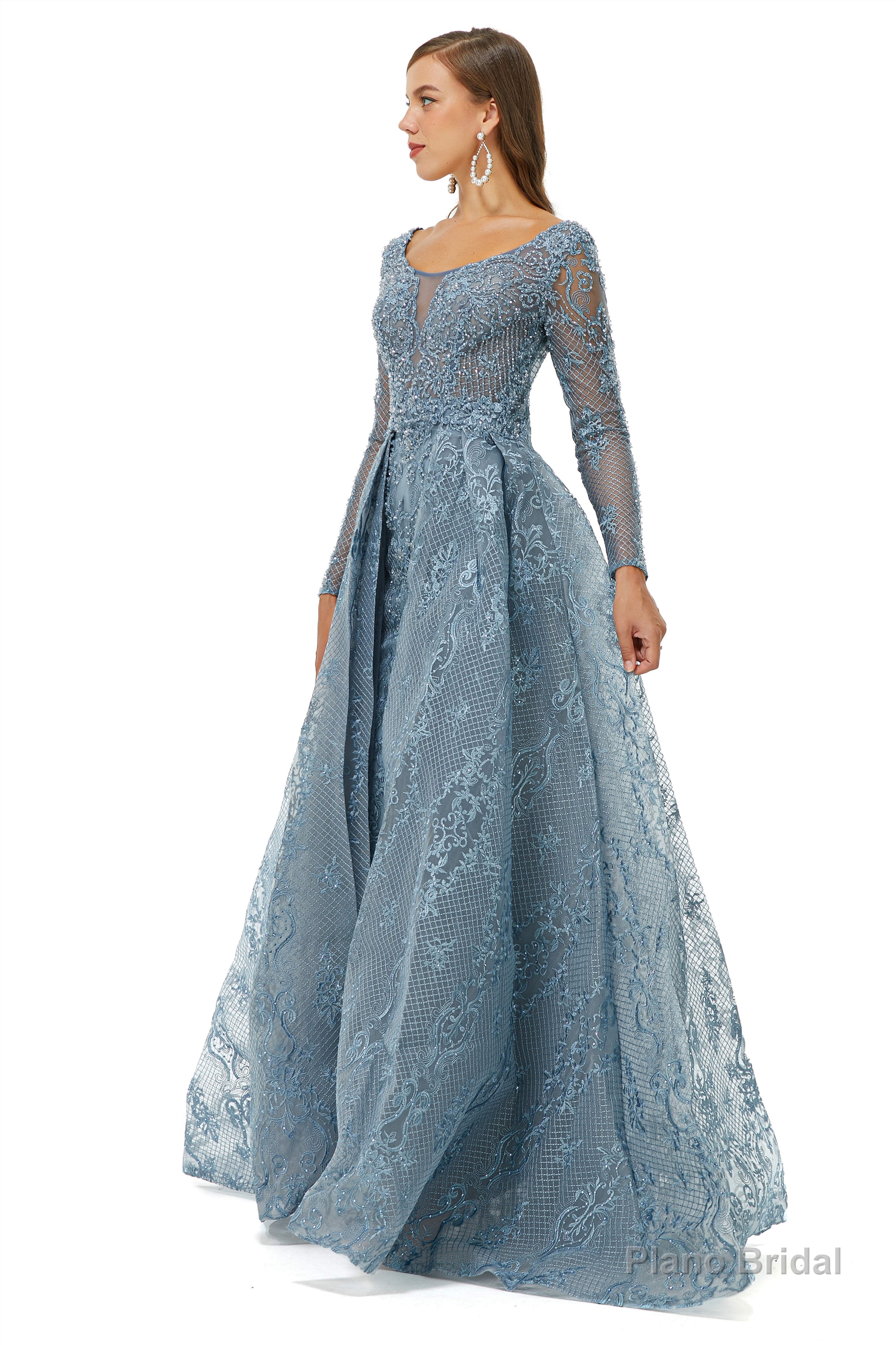 Tulle Long Sleeve Appliques Beading Prom Dresses