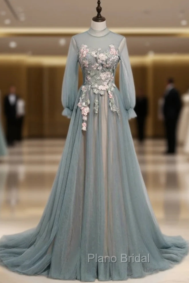 Blue Tulle Long Sleeve Appliques High Neck Formal Prom Dresses