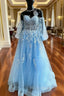 Blue Tulle Long Sleeve Appliques Formal Prom Dresses