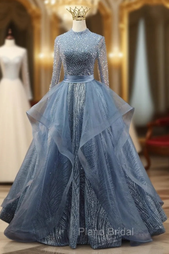 Blue Tulle Long Sleeve Backless Beading Formal Prom Dresses