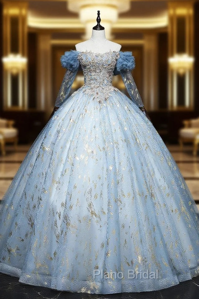 Blue Tulle Long Sleeve Beading Quinceanera Dresses