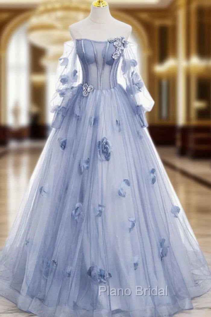 Blue Tulle Long Sleeve Flower Formal Prom Dresses Main image