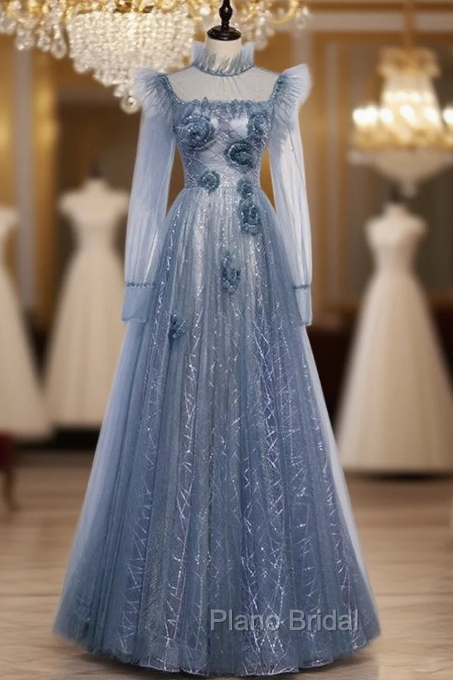 Blue Tulle Long Sleeve High Neck Backless Formal Prom Dresses Main image