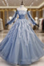 Blue Tulle Long Sleeve Off the Shoulder Formal Prom Dresses