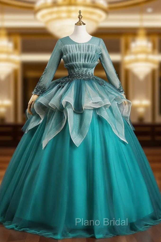 Blue Tulle Long Sleeve Pleats Appliques Beading Quinceanera Dresses