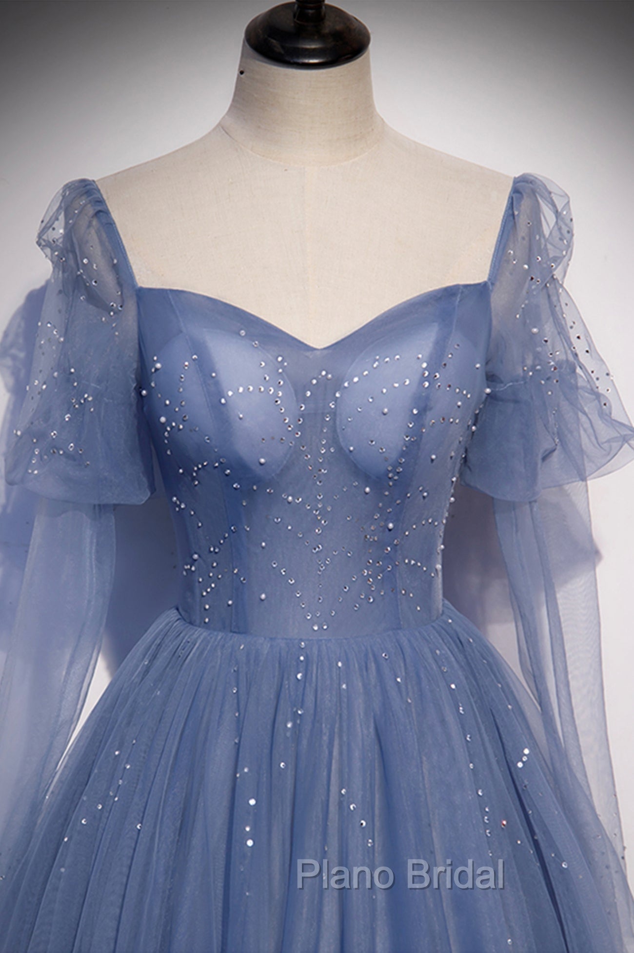 Blue Tulle Long Sleeve Formal Prom Dresses, A-Line Blue Evening Party Dresses