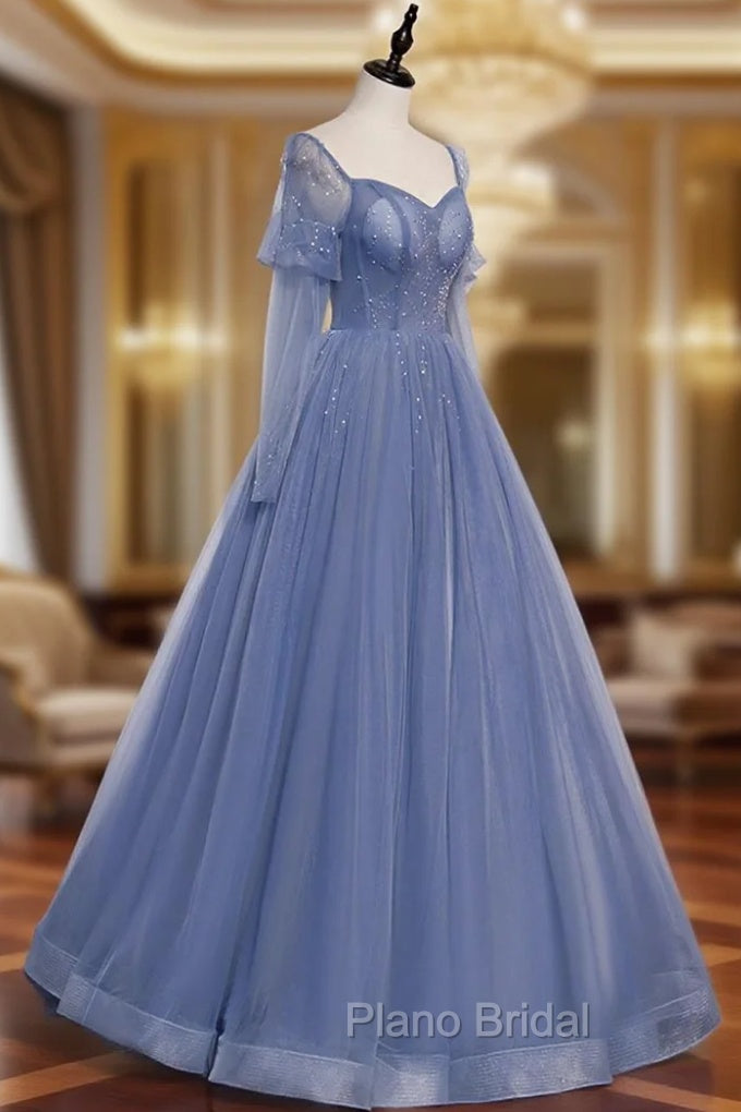 Blue Tulle Long Sleeve Formal Prom Dresses, A-Line Blue Evening Party Dresses