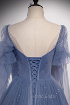 Blue Tulle Long Sleeve Formal Prom Dresses, A-Line Blue Evening Party Dresses