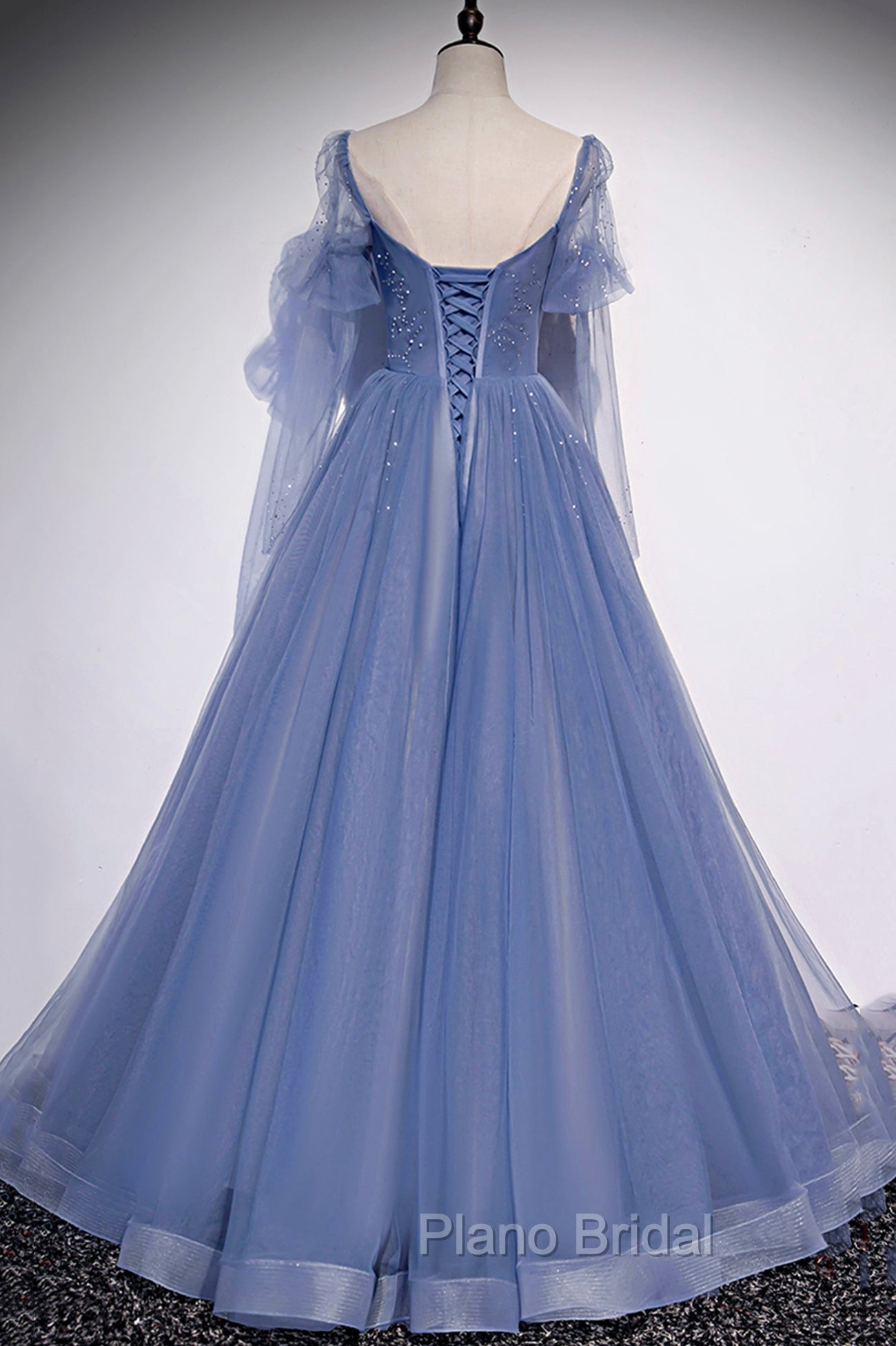 Blue Tulle Long Sleeve Formal Prom Dresses, A-Line Blue Evening Party Dresses
