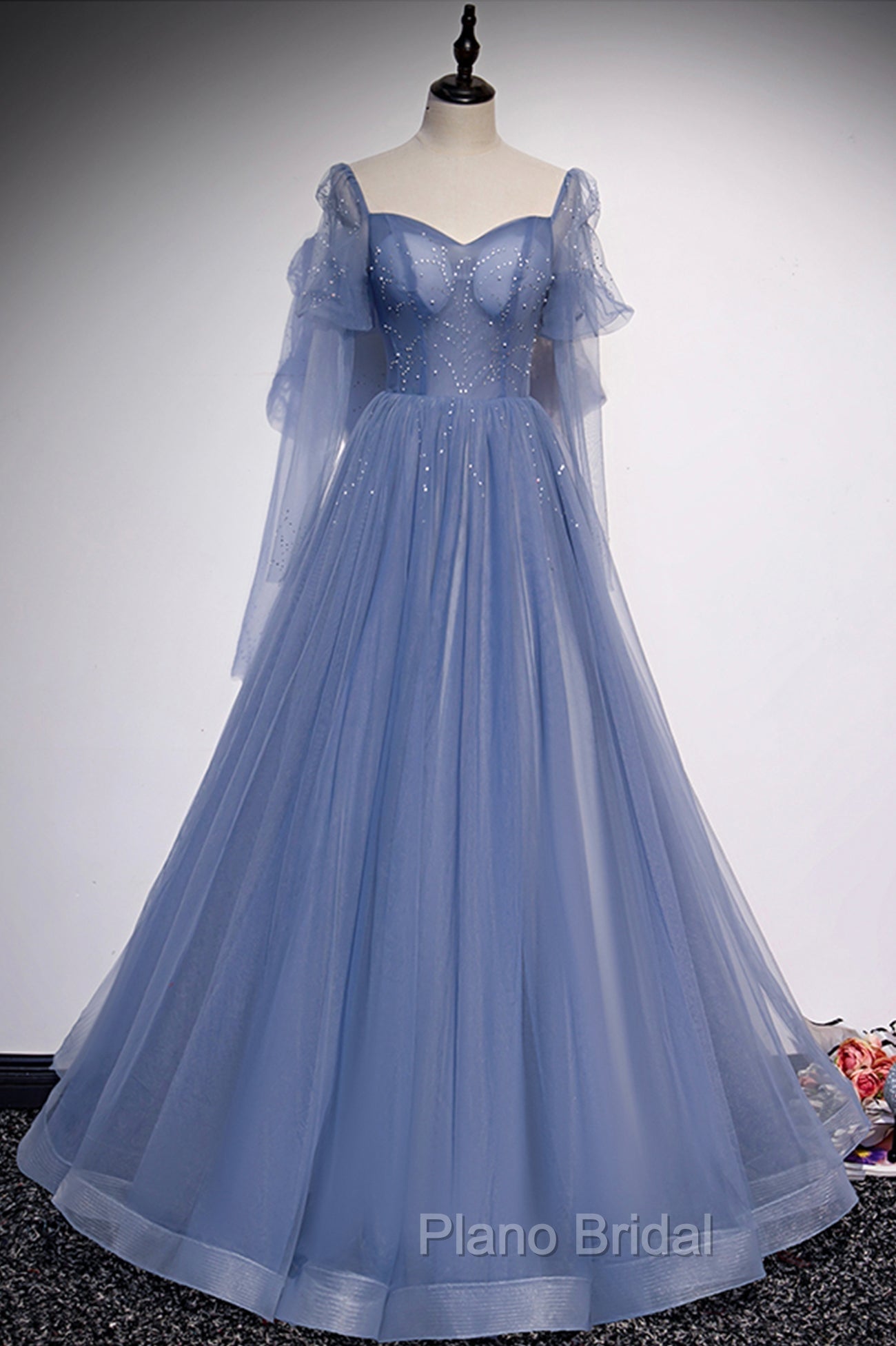 Blue Tulle Long Sleeve Formal Prom Dresses, A-Line Blue Evening Party Dresses