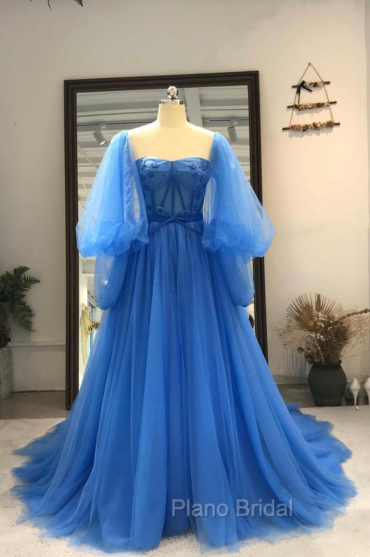 Blue Tulle Long Sleeve Formal Prom Dresses, A-Line Tulle Formal Evening Dresses Main image