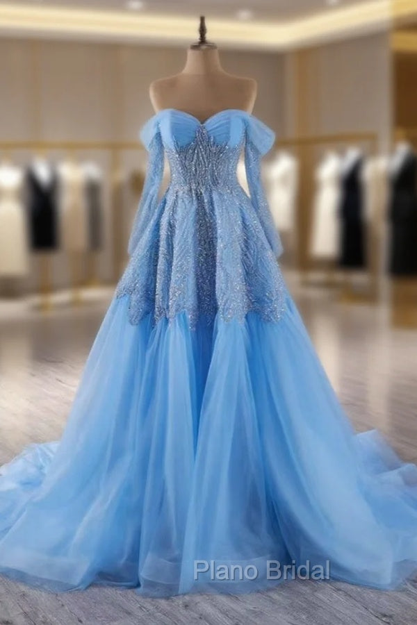 Blue Tulle Long Sleeve Sequins Beading Formal Prom Dresses Main image