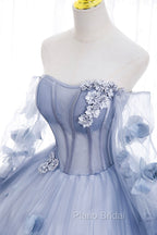 Blue Tulle Long Sleeves Formal Dresses with Flowers, Blue A-Line Formal Prom Dresses