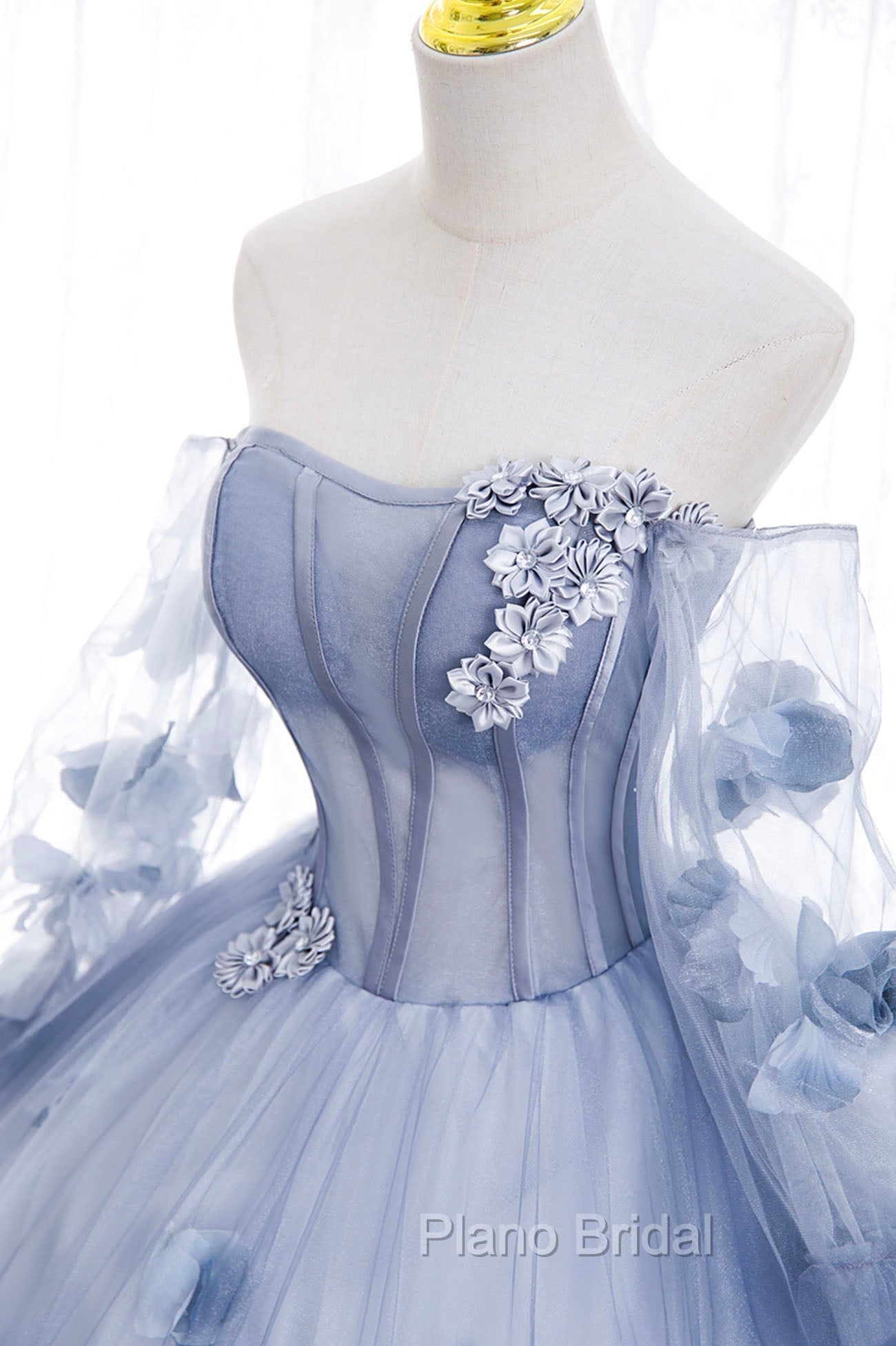 Blue Tulle Long Sleeves Formal Dresses with Flowers, Blue A-Line Formal Prom Dresses