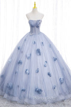 Blue Tulle Long Sleeves Formal Dresses with Flowers, Blue A-Line Formal Prom Dresses